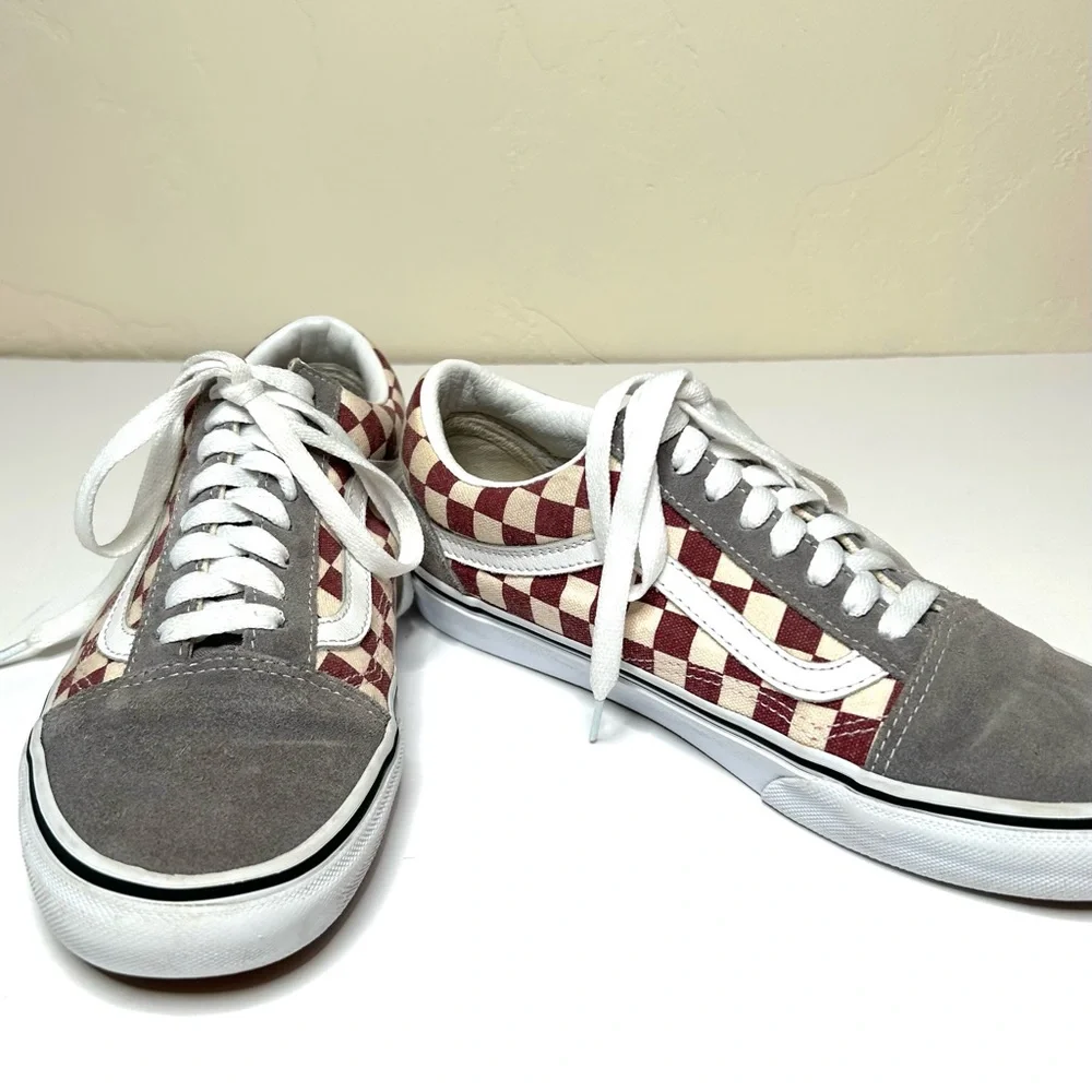 NEW VANS Old Skool Checkerboard Sneakers Burgundy Gray Suede Size 6.5